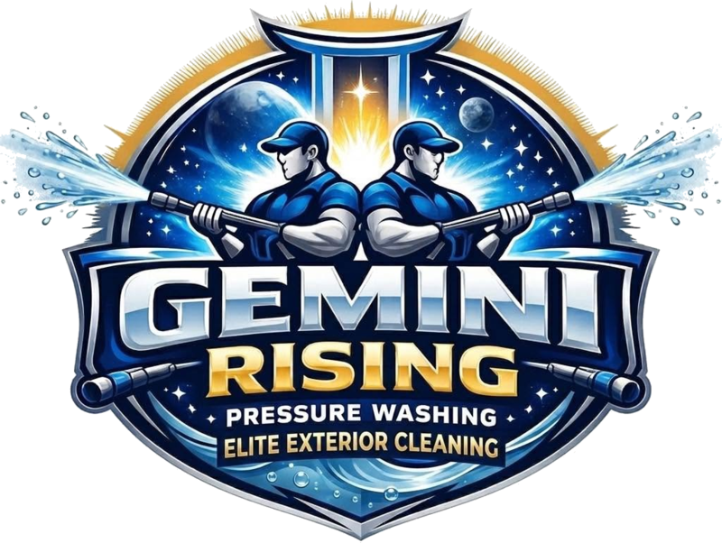 Gemini Rising Pressure Washing badge logo glowing against the dark Midnight theme