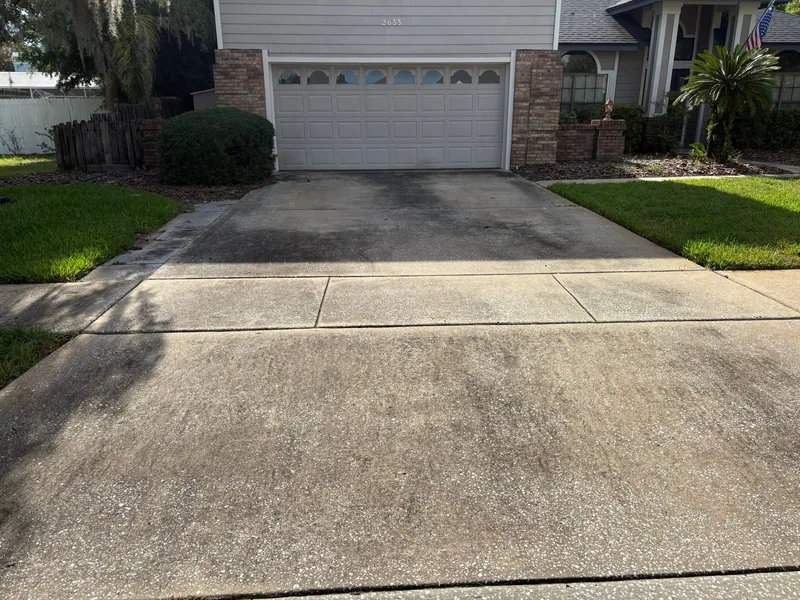 Concrete driveway darkened by dirt and algae stains before pressure washing in Oviedo FL